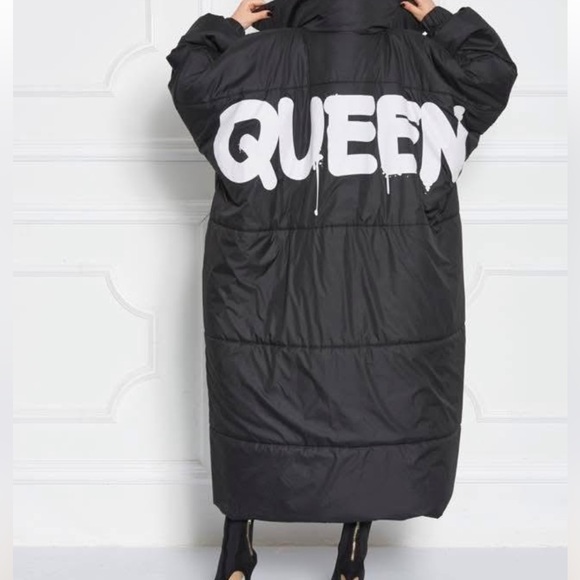 Black Women's Puffer Jacket with Bold Lettering - Picture 2 of 9